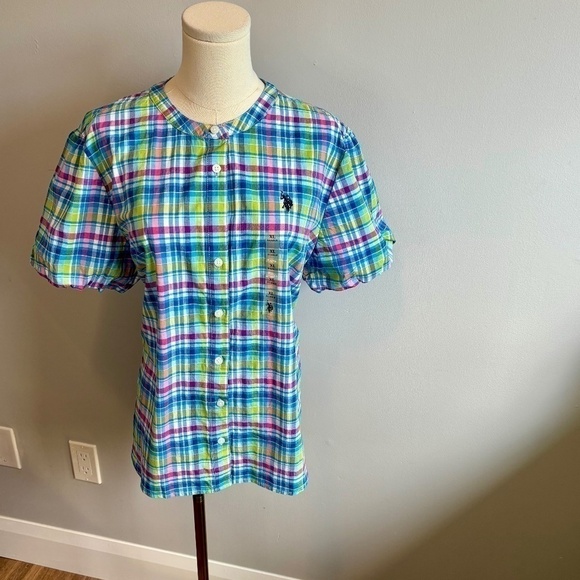 U.S. Polo Assn, Women's Puff Sleeve, Button Down, Plaid Button Down, SZ XL, NWT - Picture 1 of 8